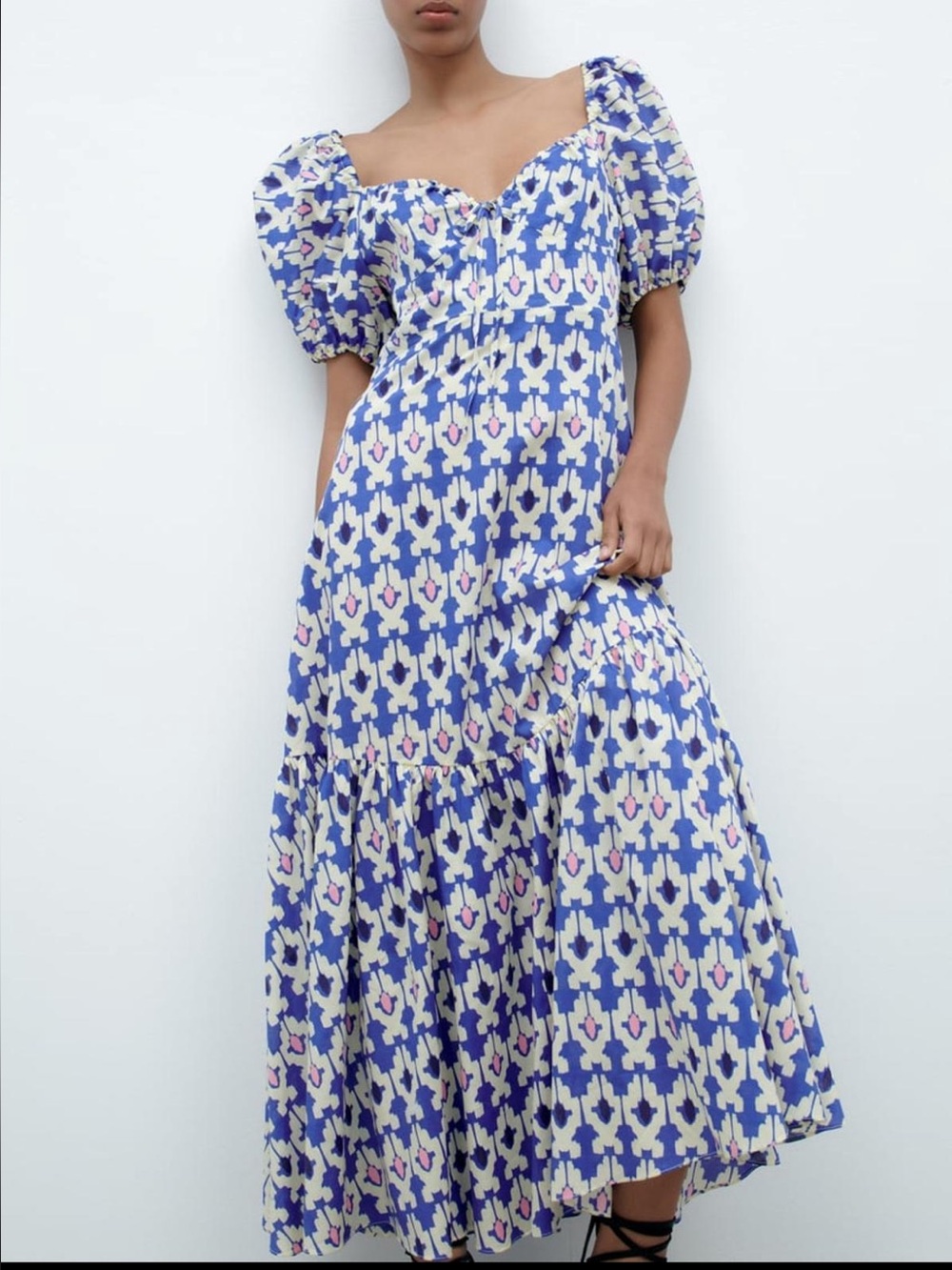 Zara Blue Patterned Puff-Sleeve Maxi Dress